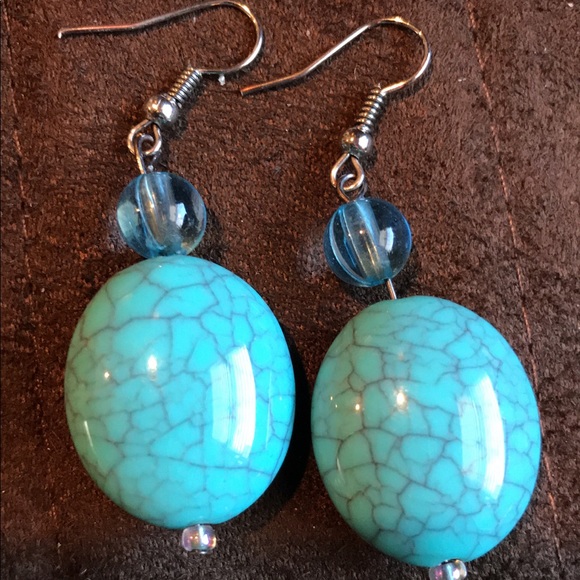 Turquoise Magnesite Stone Blue wiring dangle earring oval 2” - Picture 2 of 9